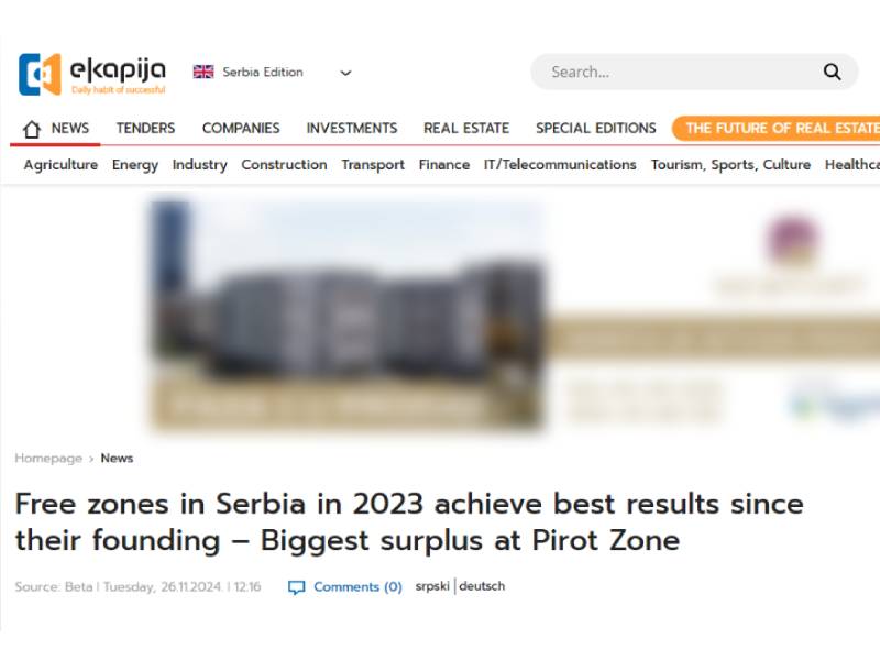 Free zones in Serbia in 2023 achieve best results since their founding – Biggest surplus at Pirot Zone